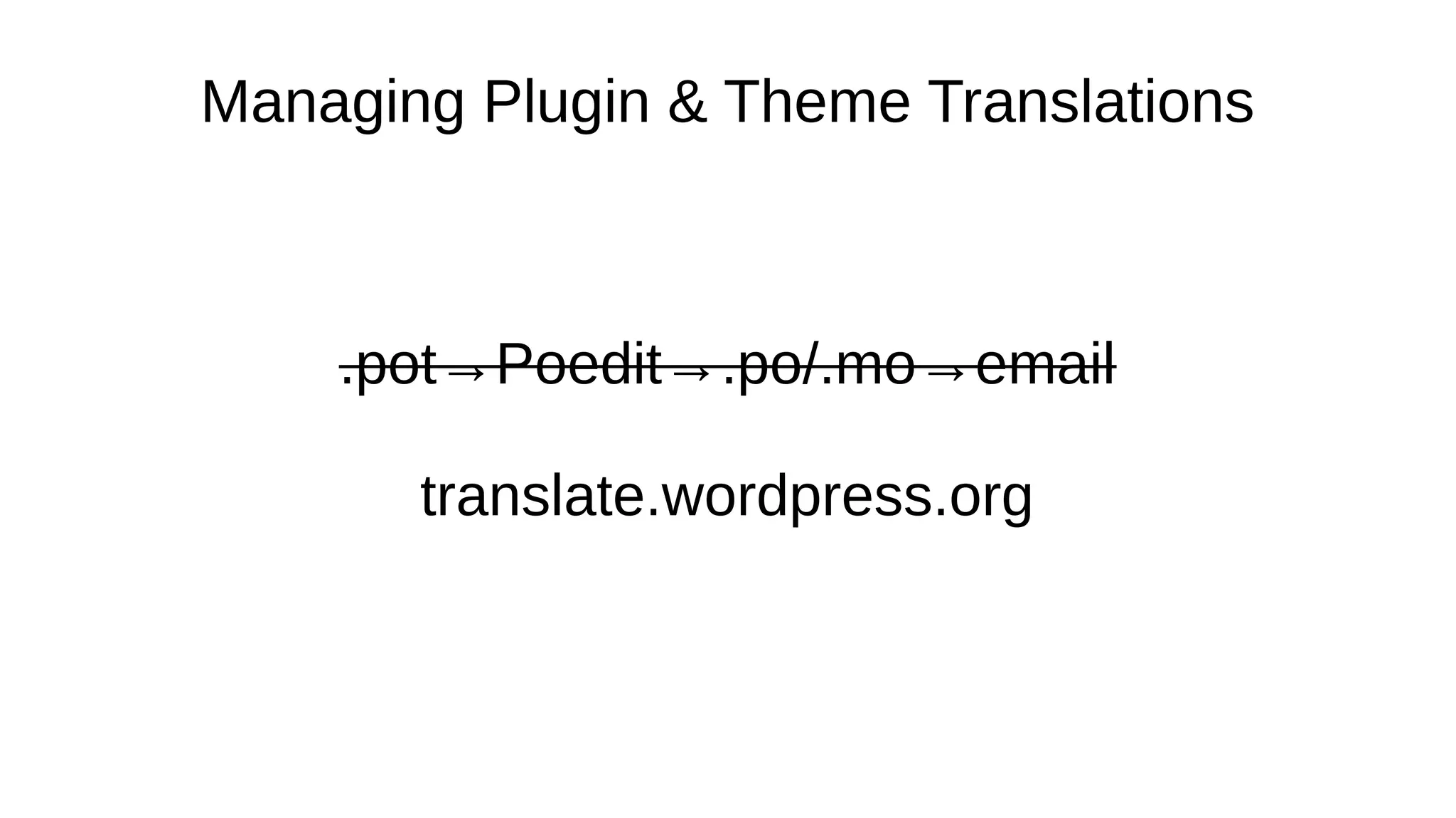Managing Plugin & Theme Translations .pot→Poedit→.po/.mo→email translate.wordpress.org 