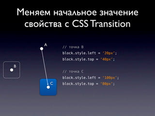 Меняем начальное значение
     свойства с CSS Transition
         A
                 // точка B
                 block.style.left = ‘20px’;
                 block.style.top = ‘40px’;

B
                 // точка C
                 block.style.left = ‘100px’;
             C   block.style.top = ‘80px’;
 