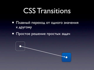 CSS Transitions
• Плавный переход от одного значения
  к другому
• Простое решение простых задач
 