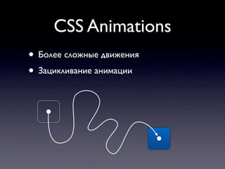 CSS Animations
• Более сложные движения
• Зацикливание анимации
 