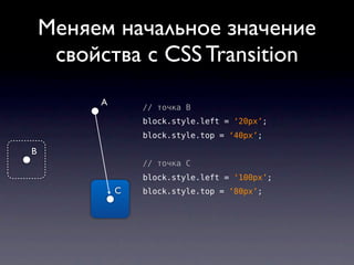 Меняем начальное значение
     свойства с CSS Transition
         A
                 // точка B
                 block.sty...