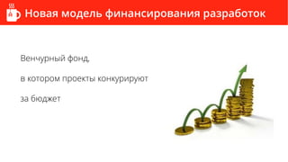 Новая модель финансирования разработок
Венчурный фонд,
в котором проекты конкурируют
за бюджет
 