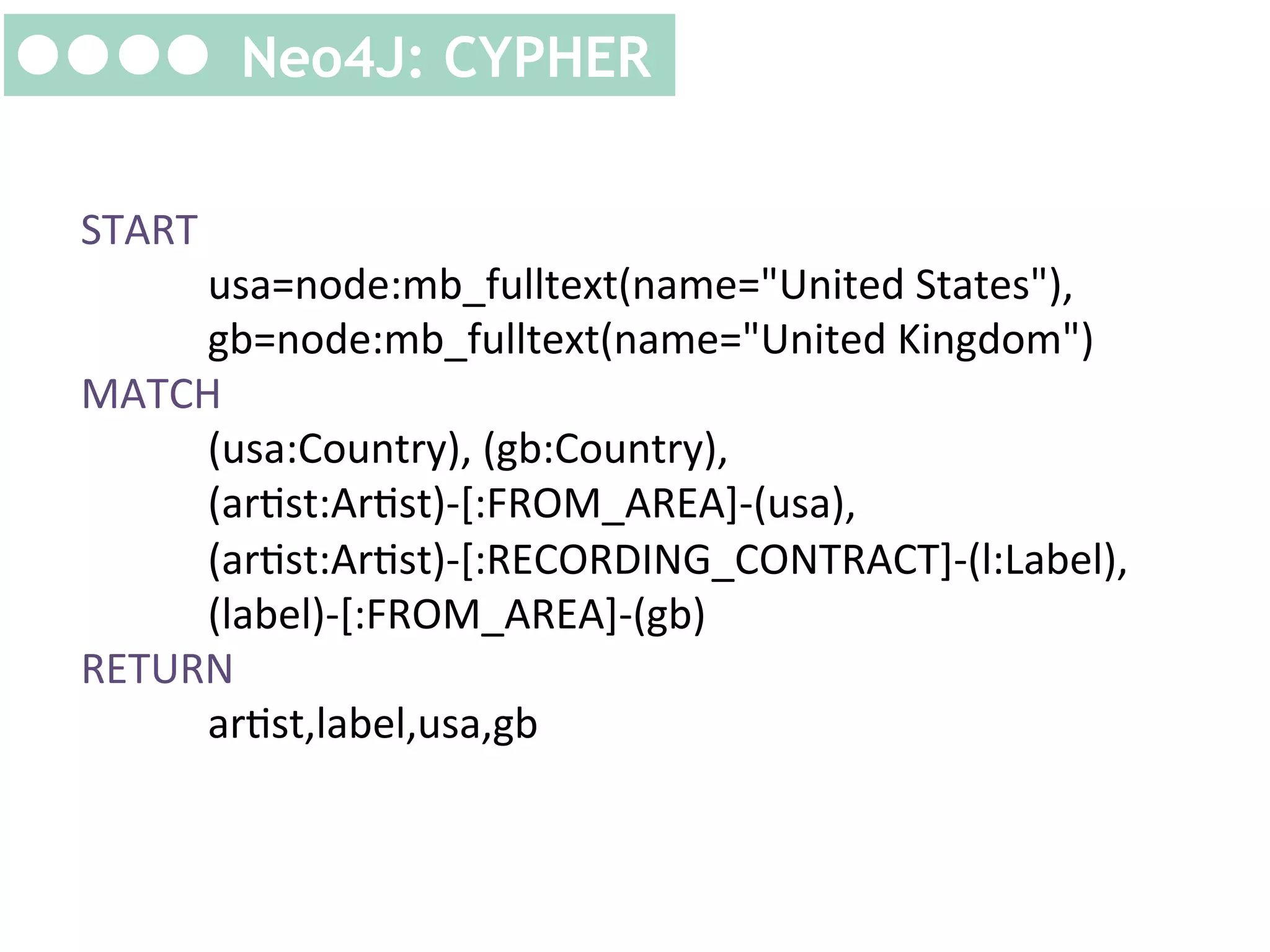 Neo4J: CYPHER
START	
  	
  
	
  usa=node:mb_fulltext(name="United	
  States"),	
  
	
  gb=node:mb_fulltext(name="United	
  Kingdom")	
  
MATCH	
  	
  
	
  (usa:Country),	
  (gb:Country),	
  
	
  (arKst:ArKst)-­‐[:FROM_AREA]-­‐(usa),	
  
	
  (arKst:ArKst)-­‐[:RECORDING_CONTRACT]-­‐(l:Label),	
  
	
  (label)-­‐[:FROM_AREA]-­‐(gb)	
  
RETURN	
  	
  
	
  arKst,label,usa,gb	
  

 