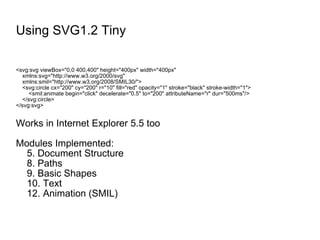 Using SVG1.2 Tiny <svg:svg viewBox="0,0 400,400" height="400px" width="400px" xmlns:svg="http://www.w3.org/2000/svg" xmlns:smil="http://www.w3.org/2008/SMIL30/"> <svg:circle cx="200" cy="200" r="10" fill="red" opacity="1" stroke="black" stroke-width="1"> <smil:animate begin="click" decelerate="0.5" to="200" attributeName="r" dur="500ms"/> </svg:circle> </svg:svg> Works in Internet Explorer 5.5 too Modules Implemented: 5. Document Structure 8. Paths 9. Basic Shapes 10. Text 12. Animation (SMIL) 