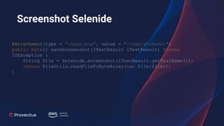Screenshot Selenide
@Attachment(type = "image/png", value = "{templateName}")
public byte[] saveScreenshot(ITestResult iTestResult) throws
IOException {
String file = Selenide.screenshot(iTestResult.getTestName());
return FileUtils.readFileToByteArray(new File(file));
}
 