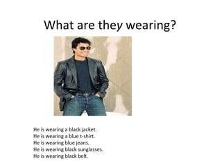 What are the y  wearing? He is wearing a black jacket. He is wearing a blue t-shirt. He is wearing blue jeans. He is wearing black sunglasses. He is wearing black belt. 