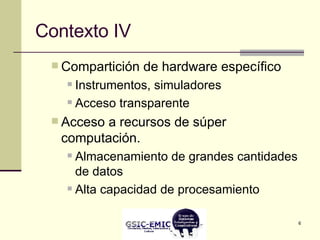 Contexto IV Compartición de hardware específico Instrumentos, simuladores Acceso transparente Acceso a recursos de súper computación. Almacenamiento de grandes cantidades de datos Alta capacidad de procesamiento 
