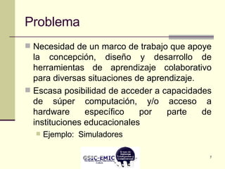 Problema Necesidad de un marco de trabajo que apoye la concepción, diseño y desarrollo de herramientas de aprendizaje colaborativo para diversas situaciones de aprendizaje.  Escasa posibilidad de acceder a capacidades de súper computación, y/o acceso a hardware específico por parte de instituciones educacionales Ejemplo:  Simuladores 