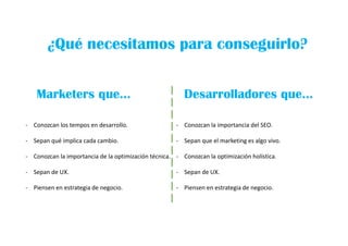 ¿Qué necesitamos para conseguirlo?
Marketers que… Desarrolladores que…
- Conozcan los tempos en desarrollo.
- Sepan qué implica cada cambio.
- Conozcan la importancia de la optimización técnica.
- Sepan de UX.
- Piensen en estrategia de negocio.
- Conozcan la importancia del SEO.
- Sepan que el marketing es algo vivo.
- Conozcan la optimización holística.
- Sepan de UX.
- Piensen en estrategia de negocio.
 