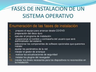 FASES DE INSTALACION DE UN
SISTEMA OPERATIVO
 