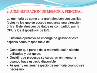 2. ADMINISTRACION DE MEMORIA PRINCIPAL
La memoria es como una gran almacén con casillas
(bytes) a los que se accede mediante una dirección
única. Este almacén de datos es compartido por la
CPU y los dispositivos de E/S.
El sistema operativo se encarga de gestionar este
espacio como responsable de:
• Conocer que partes de la memoria están siendo
utilizadas y por quien.
• Decidir que procesos se cargaran en memoria
cuando haya especio disponible
• Asignar y reclamar espacio de memoria cuando sea
necesario
 
