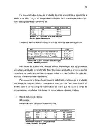 29
Foi cronometrado o tempo de produção de cinco funcionários, e calculando a
média entre eles, chegou ao tempo necessário para fabricar cada peça de roupa,
como está apresentado na Planilha 02:
Produto Tempo de MOD Tempo de máquina
Blusa 1,2 h 1,8 hm
Saia 1 h 1,4 hm
Vestido 3 h 2,2 hm
Planilha 02: Tempo de MOD e de Máquina
Fonte: Dados da pesquisa
A Planilha 03 está demonstrando os Custos Indiretos de Fabricação são:
CIF Valor
Depreciação - Equipamentos de Produção 1.167,00
Energia Elétrica Consumida na Fábrica 6.000,00
Manutenção das Máquinas de Produção 1.200,00
Total CIF 8.367,00
Planilha 03: Custos indiretos de Fabricação
Fonte: Dados da pesquisa
Para ratear os custos com, energia elétrica, depreciação dos equipamentos
utilizados na produção e manutenção das máquinas de produção, a empresa adotas
como base de rateio o tempo horas/maquina trabalhado. As Planilhas 04, 05 e 06,
explica a forma detalhada o este rateio.
Para encontrar o tempo horas/maquina trabalhado, multiplica-se a produção
pelo tempo de máquina utilizado para produzir cada produto. Com o resultado é só
dividir o valor a ser rateado pelo valor da base de rateio, que no caso é o tempo de
horas/maquina, e multiplica pelo tempo de horas/máquina de cada produto.
Rateio da Energia elétrica
R$ 6000,00
Base de Rateio: Tempo de horas/máquina
Produção Tp de maq hs/maq Energia elétrica
Blusa 2000 1,8 3600 R$ 3.033,71
Saia 1100 1,4 1540 R$ 1.297,75
Vestido 900 2,2 1980 R$ 1.668,54
Totais 7120 R$ 6.000,00
Planilha 04: Rateio de Energia Elétrica
Fonte: Dados da Pesquisa
 