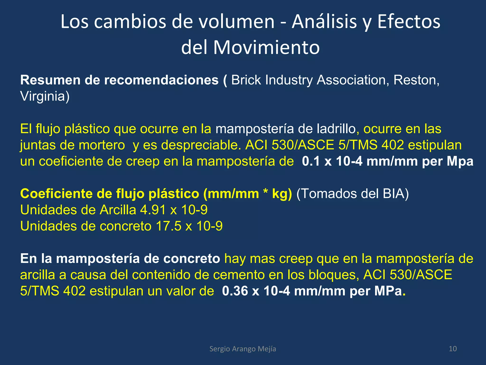 Los cambios de volumen - Análisis y Efectos
del Movimiento
Resumen de recomendaciones ( Brick Industry Association, Reston,
Virginia)
El flujo plástico que ocurre en la mampostería de ladrillo, ocurre en las
juntas de mortero y es despreciable. ACI 530/ASCE 5/TMS 402 estipulan
un coeficiente de creep en la mampostería de 0.1 x 10-4 mm/mm per Mpa
Coeficiente de flujo plástico (mm/mm * kg) (Tomados del BIA)
Unidades de Arcilla 4.91 x 10-9
Unidades de concreto 17.5 x 10-9
En la mampostería de concreto hay mas creep que en la mampostería de
arcilla a causa del contenido de cemento en los bloques, ACI 530/ASCE
5/TMS 402 estipulan un valor de 0.36 x 10-4 mm/mm per MPa.
10Sergio Arango Mejía
 