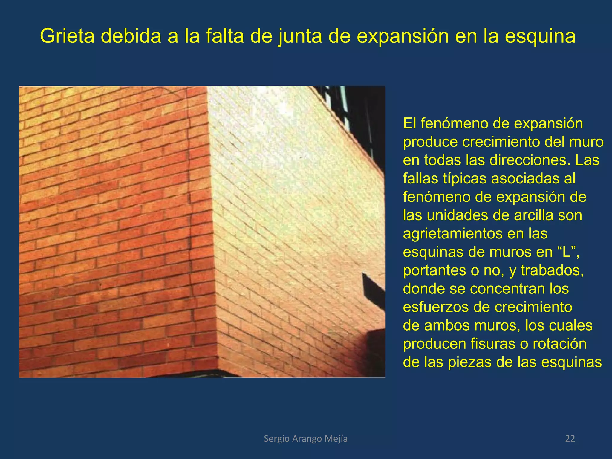 Grieta debida a la falta de junta de expansión en la esquina
El fenómeno de expansión
produce crecimiento del muro
en todas las direcciones. Las
fallas típicas asociadas al
fenómeno de expansión de
las unidades de arcilla son
agrietamientos en las
esquinas de muros en “L”,
portantes o no, y trabados,
donde se concentran los
esfuerzos de crecimiento
de ambos muros, los cuales
producen fisuras o rotación
de las piezas de las esquinas
22Sergio Arango Mejía
 