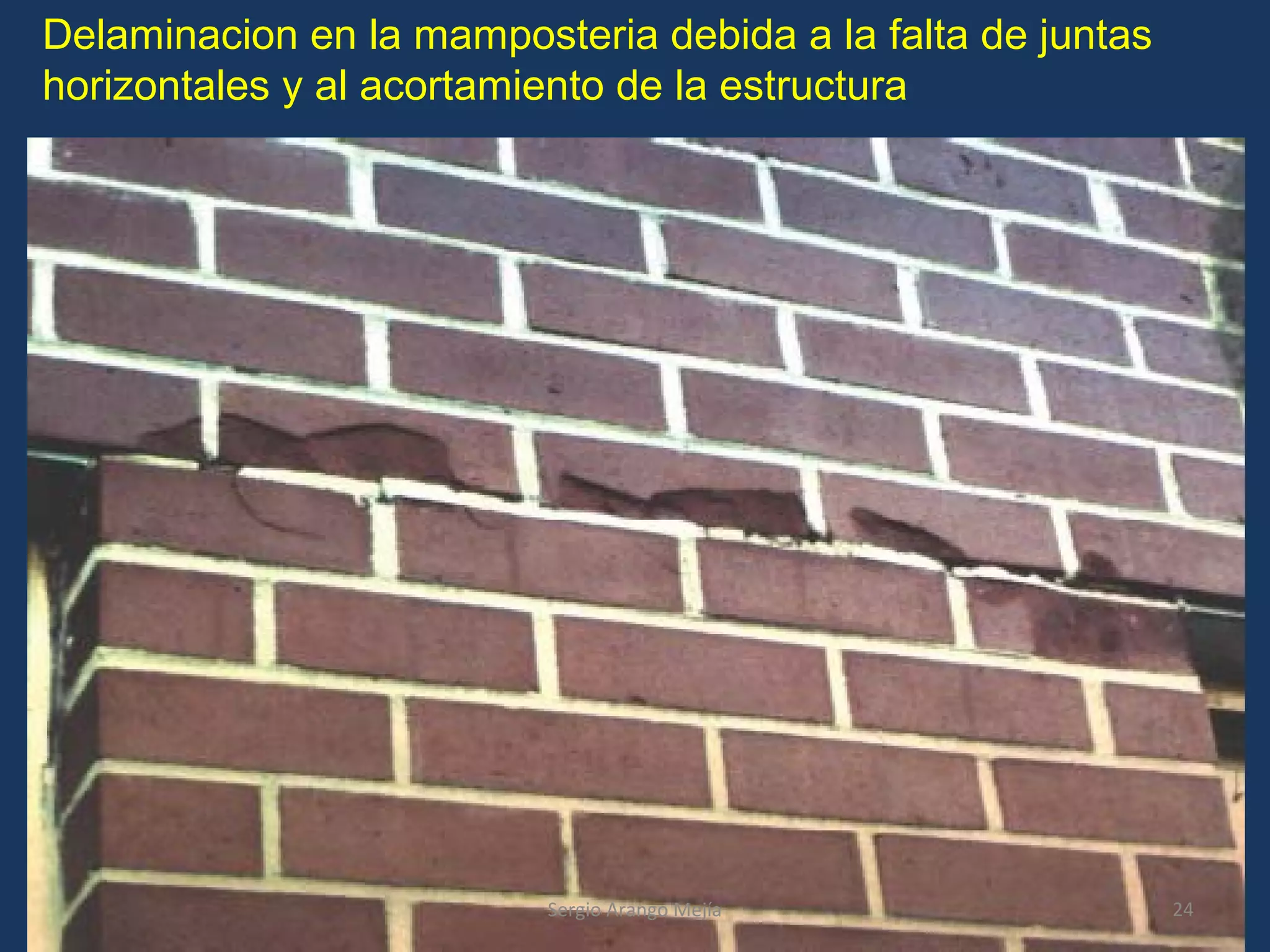 Delaminacion en la mamposteria debida a la falta de juntas
horizontales y al acortamiento de la estructura
24Sergio Arango Mejía
 