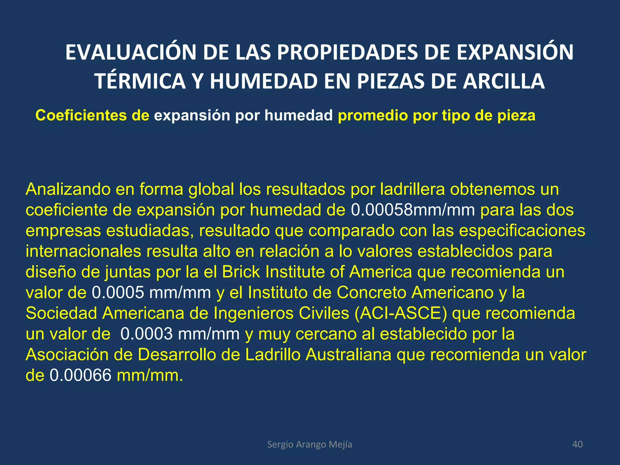 EVALUACIÓN DE LAS PROPIEDADES DE EXPANSIÓN
TÉRMICA Y HUMEDAD EN PIEZAS DE ARCILLA
Coeficientes de expansión por humedad promedio por tipo de pieza
Analizando en forma global los resultados por ladrillera obtenemos un
coeficiente de expansión por humedad de 0.00058mm/mm para las dos
empresas estudiadas, resultado que comparado con las especificaciones
internacionales resulta alto en relación a lo valores establecidos para
diseño de juntas por la el Brick Institute of America que recomienda un
valor de 0.0005 mm/mm y el Instituto de Concreto Americano y la
Sociedad Americana de Ingenieros Civiles (ACI-ASCE) que recomienda
un valor de 0.0003 mm/mm y muy cercano al establecido por la
Asociación de Desarrollo de Ladrillo Australiana que recomienda un valor
de 0.00066 mm/mm.
40Sergio Arango Mejía
 