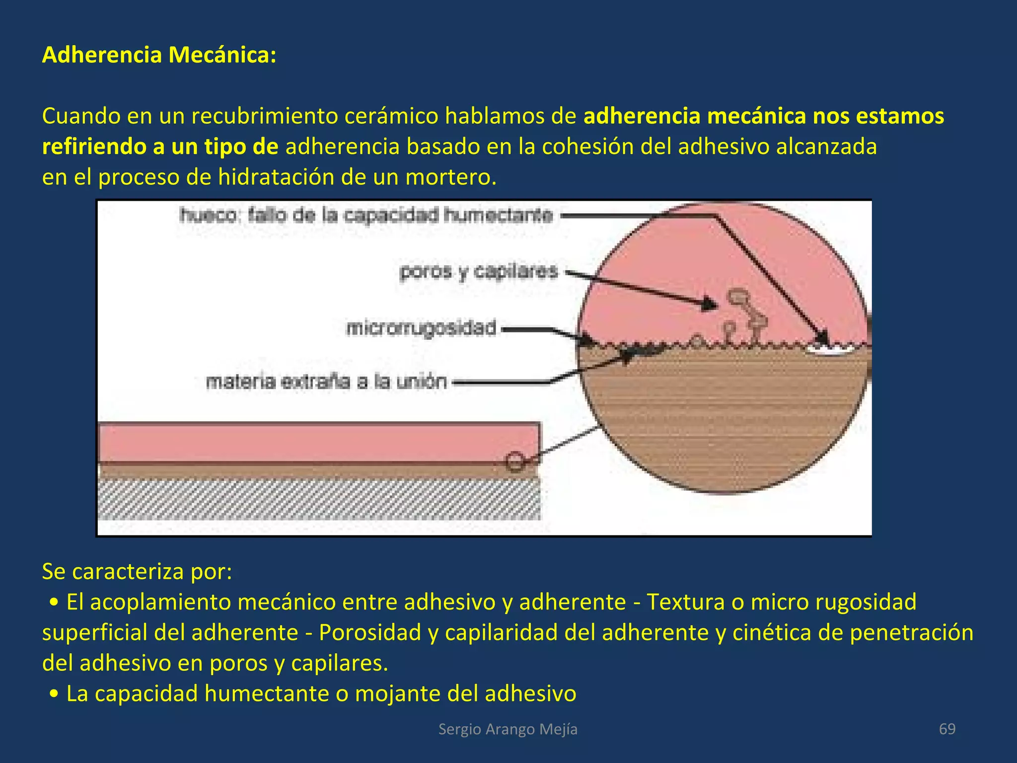 Adherencia Mecánica:
Cuando en un recubrimiento cerámico hablamos de adherencia mecánica nos estamos
refiriendo a un tipo de adherencia basado en la cohesión del adhesivo alcanzada
en el proceso de hidratación de un mortero.
Se caracteriza por:
• El acoplamiento mecánico entre adhesivo y adherente - Textura o micro rugosidad
superficial del adherente - Porosidad y capilaridad del adherente y cinética de penetración
del adhesivo en poros y capilares.
• La capacidad humectante o mojante del adhesivo
69Sergio Arango Mejía
 