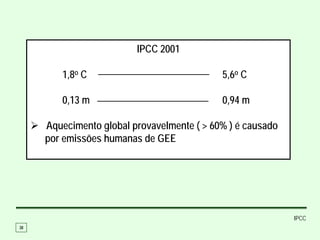 IPCC 2001

        1,8o C                              5,6o C

        0,13 m                              0,94 m

     Aquecimento global provavelmente ( > 60% ) é causado
     por emissões humanas de GEE




                                                            IPCC
38
 