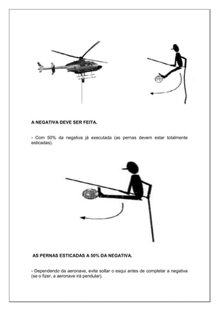 A NEGATIVA DEVE SER FEITA.
- Com 50% da negativa já executada (as pernas devem estar totalmente
esticadas).
AS PERNAS ESTICADAS A 50% DA NEGATIVA.
- Dependendo da aeronave, evite soltar o esqui antes de completar a negativa
(se o fizer, a aeronave irá pendular).
 