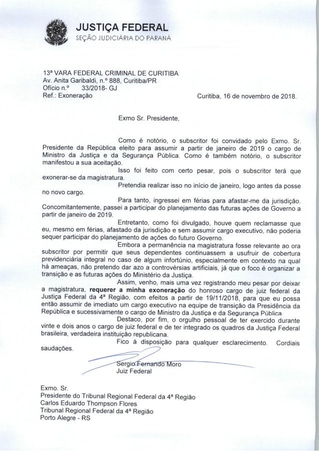 Em carta, Sergio Moro pede exoneração do cargo de juiz