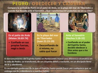 Compara la actitud de Pedro en el patio de Anás, en la playa del mar de Tiberiades y
cuando fue llevado ante el Sanedrín. ¿Qué transformación podemos ver en su vida?
En el patio de Anás
(Mateo 26:69-74)
• Confiado en sus
propias fuerzas,
negó a Jesús
En la playa del mar
de Tiberiades
(Juan 21:15-19)
• Desconfiando de
sí mismo, no
sabía qué hacer
Ante el Sanedrín
(Hechos 5:28-32)
• Confiando en el poder
del Espíritu Santo,
decidió obedecer a
Dios antes que a los
hombres
El derramamiento del Espíritu Santo en Pentecostés marcó una diferencia dramática en
la vida de Pedro. Lo transformó, de un creyente débil y vacilante, en un discípulo lleno
de fe y obediente.
Es un ejemplo poderoso de lo que el Espíritu Santo puede hacer por cualquiera que se
entrega con fe y obediencia a nuestro Señor.
 