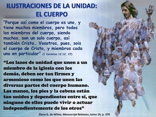 “Porque así como el cuerpo es uno, y
tiene muchos miembros, pero todos
los miembros del cuerpo, siendo
muchos, son un solo cuerpo, así
también Cristo… Vosotros, pues, sois
el cuerpo de Cristo, y miembros cada
uno en particular” (1 Corintios 12:12, 27)
“Los lazos de unidad que unen a un
miembro de la iglesia con los
demás, deben ser tan firmes y
armonioso como los que unen las
diversas partes del cuerpo humano.
Las manos, los pies y la cabeza están
tan unidos y dependientes entre sí, que
ninguno de ellos puede vivir o actuar
independientemente de los otros”
Elena G. de White, Manuscript Releases, tomo 19, p. 370
 