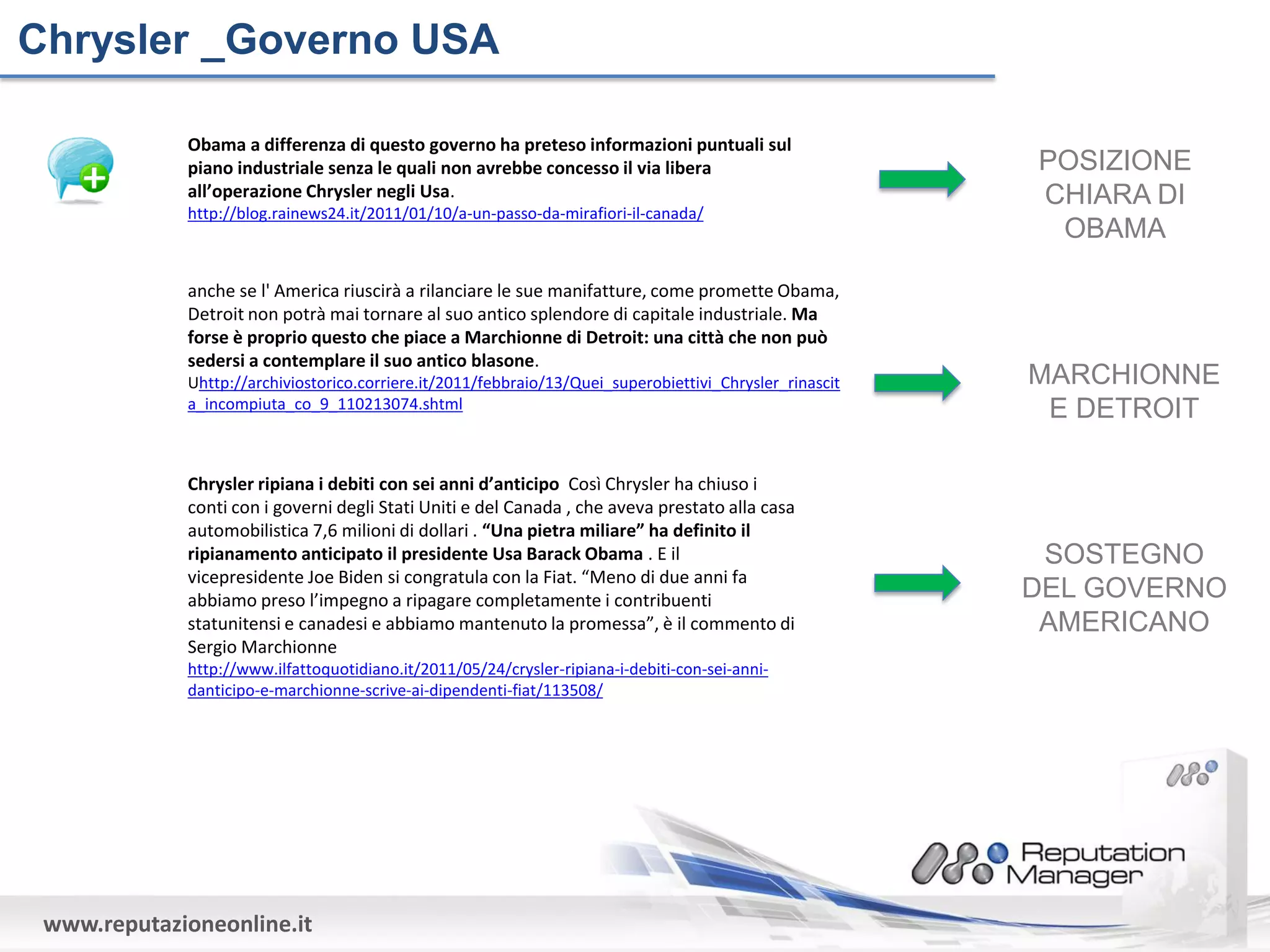 Chrysler _Governo USA

             Obama a differenza di questo governo ha preteso informazioni puntuali sul
             piano industriale senza le quali non avrebbe concesso il via libera                          POSIZIONE
             all’operazione Chrysler negli Usa.                                                           CHIARA DI
             http://blog.rainews24.it/2011/01/10/a-un-passo-da-mirafiori-il-canada/
                                                                                                           OBAMA

             anche se l' America riuscirà a rilanciare le sue manifatture, come promette Obama,
             Detroit non potrà mai tornare al suo antico splendore di capitale industriale. Ma
             forse è proprio questo che piace a Marchionne di Detroit: una città che non può
             sedersi a contemplare il suo antico blasone.
             Uhttp://archiviostorico.corriere.it/2011/febbraio/13/Quei_superobiettivi_Chrysler_rinascit   MARCHIONNE
             a_incompiuta_co_9_110213074.shtml                                                             E DETROIT

             Chrysler ripiana i debiti con sei anni d’anticipo Così Chrysler ha chiuso i
             conti con i governi degli Stati Uniti e del Canada , che aveva prestato alla casa
             automobilistica 7,6 milioni di dollari . “Una pietra miliare” ha definito il
             ripianamento anticipato il presidente Usa Barack Obama . E il                                 SOSTEGNO
             vicepresidente Joe Biden si congratula con la Fiat. “Meno di due anni fa
             abbiamo preso l’impegno a ripagare completamente i contribuenti                              DEL GOVERNO
             statunitensi e canadesi e abbiamo mantenuto la promessa”, è il commento di                    AMERICANO
             Sergio Marchionne
             http://www.ilfattoquotidiano.it/2011/05/24/crysler-ripiana-i-debiti-con-sei-anni-
             danticipo-e-marchionne-scrive-ai-dipendenti-fiat/113508/




 www.reputazioneonline.it
 