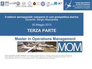 Il settore aerospaziale campano in una prospettiva storica
Docente: Sergio Mazzarella
02 Maggio 2013
TERZA PARTE
“Centro specialistico di Alta formazione” del comparto industriale aeronautico campano, facente parte del Programma Regionale
unitario 2007/2013, approvato con D.G.R. n.1675 del 24/10/2008, e aggiudicato in via definitiva dalla Regione Campania - A.G.C. 17,
in data 04/03/2010, con D.D. n. 53 con indicazione di STOA’ - S.C.p.A quale Associato Capogruppo.
Master in Operations Management
 