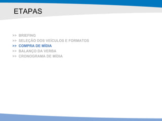 ETAPAS >>  BRIEFING >>  SELEÇÃO DOS VEÍCULOS E FORMATOS >>  COMPRA DE MÍDIA >>  BALANÇO DA VERBA >>  CRONOGRAMA DE MÍDIA 