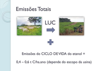 Emissões Totais

                  LUC




   Emissões do CICLO DE VIDA do etanol =

0,4 – 0,6 t C/ha.ano (depende do escopo da usina)
 