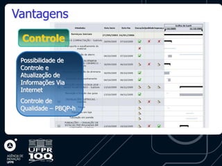 Vantagens
 Controle

 Possibilidade de
 Controle e
 Atualização de
 Informações Via
 Internet
 Controle de
 Qualidade – PBQP-h
 