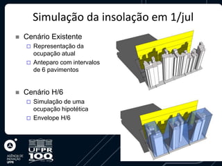 Simulação da insolação em 1/jul
   Cenário Existente
       Representação da
        ocupação atual
       Anteparo com intervalos
        de 6 pavimentos


   Cenário H/6
       Simulação de uma
        ocupação hipotética
       Envelope H/6
 