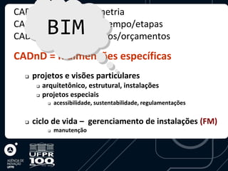 CAD3D = (x,y,z) geometria
            BIM
CAD4D = geometria + tempo/etapas
CAD5D = CAD4D + custos/orçamentos
CADnD = n dimensões específicas
     projetos e visões particulares
          arquitetônico, estrutural, instalações
          projetos especiais
               acessibilidade, sustentabilidade, regulamentações


     ciclo de vida – gerenciamento de instalações (FM)
               manutenção
 