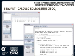 MODELO DE PROCESSO DE PROJETO ARQUITETÔNICO DE
                     PEQUENAS EDIFICAÇÕES AUXILIADO PELA AUTOMAÇÃO

EEQUANT - CÁLCULO EQUIVALENTE DE CO2
        GDL
 
