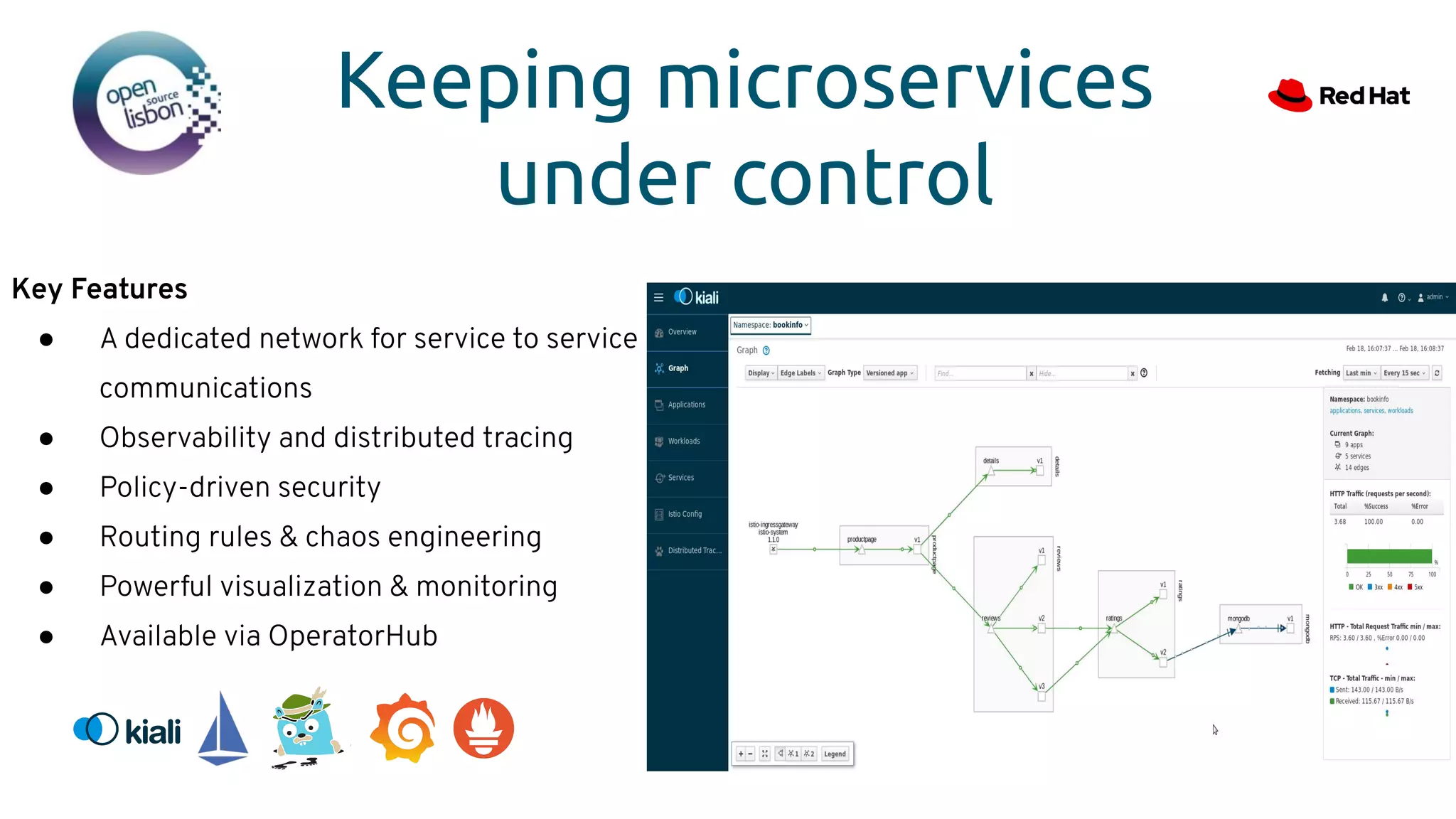 Keeping microservices
under control
Key Features
● A dedicated network for service to service
communications
● Observability and distributed tracing
● Policy-driven security
● Routing rules & chaos engineering
● Powerful visualization & monitoring
● Available via OperatorHub
 