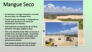 Mangue Seco
• Se você quer um lugar tranquilo e no meio
da uma duna, vá à Mangue Seco.
• Fica há 2 horas de Aracaju e chegando em
Pontal você atravessa um trecho de
catamarã por 15 minutos.
• Está localizado ao lado da foz do rio Real,
portanto, tem água salgada e doce.
• Tem uma vilazinha linda. Não é à toa que a
novela Tieta, de Jorge Amado, foi gravada
lá. Tem a cara do interior de Sergipe, com
suas casinhas pequenas, Igreja e pátio
gostoso para passear.
• Para chegar às praias você vai de bugue
fazendo um belo passeio sob as dunas.
 