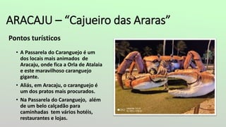 ARACAJU – “Cajueiro das Araras”
Pontos turísticos
• A Passarela do Caranguejo é um
dos locais mais animados de
Aracaju, onde fica a Orla de Atalaia
e este maravilhoso caranguejo
gigante.
• Aliás, em Aracaju, o caranguejo é
um dos pratos mais procurados.
• Na Passarela do Caranguejo, além
de um belo calçadão para
caminhadas tem vários hotéis,
restaurantes e lojas.
 