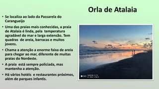 Orla de Atalaia
• Se localiza ao lado da Passarela do
Carangueijo
• Uma das praias mais conhecidas, a praia
de Atalaia é linda, pela temperatura
agradável do mar e larga extensão. Tem
quadras de areia, barracas e muitos
jovens.
• Chama a atenção a enorme faixa de areia
para chegar ao mar, diferente de muitas
praias do Nordeste.
• A praia está sempre policiada, mas
mantenha a atenção.
• Há vários hotéis e restaurantes próximos,
além de parques infantis.
 