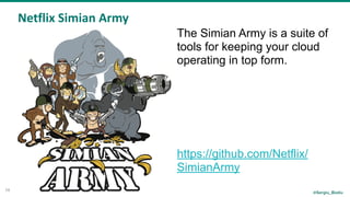 @Sergiu_Bodiu
Netflix	Simian	Army
14
The Simian Army is a suite of
tools for keeping your cloud
operating in top form.
https://github.com/Netflix/
SimianArmy
 