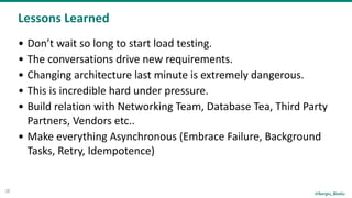 @Sergiu_Bodiu
Lessons	Learned
26
• Don’t	wait	so	long	to	start	load	testing.	
• The	conversations	drive	new	requirements.	
• Changing	architecture	last	minute	is	extremely	dangerous.	
• This	is	incredible	hard	under	pressure.	
• Build	relation	with	Networking	Team,	Database	Tea,	Third	Party	
Partners,	Vendors	etc..	
• Make	everything	Asynchronous	(Embrace	Failure,	Background	
Tasks,	Retry,	Idempotence)
 