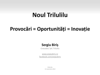 Noul Trilulilu
Provocări = Oportunități = Inovație
Sergiu Biriș
Crocodilu’ Șef, Trilulilu
www.sergiubiris.ro
facebook.com/sergiubiris

Zilele Biz
12 noiembrie 2013

 