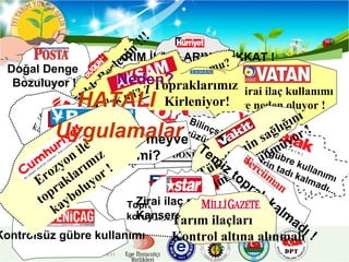 HATALI  Uygulamalar Neden? TARIM İLAÇLARINA DİKKAT ! Sağlıklı Beslenin !!! Çilek mi? Zehir deposu mu? Sularımıza kimyasal gübre karıştı... !!  İHRAÇ EDİLEN BİBERLER GERİ DÖNDÜ ! Aşırı zirai ilaç kullanımı kansere neden oluyor !  Bilinçsiz kimyasal gübre kullanımı yüzünden sebzelerin tadı kalmadı... Topraklarımızı  koruyalım Kontrolsüz gübre kullanımı Halkımız temiz meyve yiyemeyecek mi? Topraklarımız  Kirleniyor! Doğal Denge  Bozuluyor ! Tüketicinin sağlığını kimse düşünmüyor ! Temiz toprak kalmadı ! Zirai ilaç mı?  Kanserojen mi? Erozyon ile topraklarımız  kayboluyor ! Tarım ilaçları Kontrol altına alınmalı 