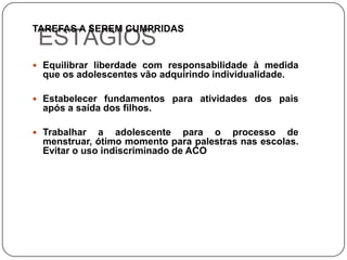 TAREFAS A SEREM CUMPRIDAS
 ESTÁGIOS
 Equilibrar liberdade com responsabilidade à medida
  que os adolescentes vão adquirindo individualidade.

 Estabelecer fundamentos para atividades dos pais
  após a saída dos filhos.

 Trabalhar   a adolescente para o processo de
  menstruar, ótimo momento para palestras nas escolas.
  Evitar o uso indiscriminado de ACO
 