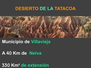 DESIERTO DE LA TATACOA 
Municipio de Villavieja 
A 40 Km de Neiva 
330 Km² de extensión 
 