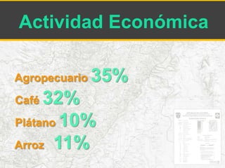 Actividad Económica 
Agropecuario 35% 
Café 32% 
Plátano 10% 
Arroz 11% 
 