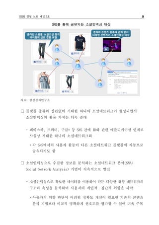 SERI 경영 노트 제115호                             9

                   SNS를 통해 공유되는 소셜인덱싱 대상




자료: 삼성경제연구소


□ 플랫폼 종류와 상관없이 거대한 하나의 소셜네트워크가 형성되면서
   소셜인덱싱의 활용 가치는 더욱 증대


   - 페이스북, 트위터, 구글+ 등 SNS 간에 ID와 관련 애플리케이션 연계로
     사실상 거대한 하나의 소셜네트워크화

     ㆍ각 SNS에서의 사용자 활동이 다른 소셜네트워크 플랫폼에 자동으로
      공유되기도 함


□ 소셜인덱싱으로 수집한 정보를 분석하는 소셜네트워크 분석(SNA:
   Social Network Analysis) 기법이 지속적으로 발전


   - 소셜인덱싱으로 확보한 데이터를 이용하여 만든 다양한 취향 네트워크의
     구조와 속성을 분석하여 사용자의 개인적·집단적 취향을 파악

     ㆍ사용자의 의향 판단이 어려워 정확도 개선이 필요한 기존의 콘텐츠
      분석 기법보다 비교적 명확하게 선호도를 평가할 수 있어 더욱 주목
 