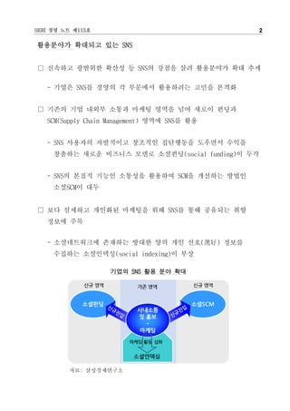 SERI 경영 노트 제115호                              2

활용분야가 확대되고 있는 SNS


□ 신속하고 광범위한 확산성 등 SNS의 강점을 살려 활용분야가 확대 추세

   - 기업은 SNS를 경영의 각 부문에서 활용하려는 고민을 본격화


□ 기존의 기업 내외부 소통과 마케팅 영역을 넘어 새로이 펀딩과
   SCM(Supply Chain Management) 영역에 SNS를 활용


   - SNS 사용자의 자발적이고 창조적인 집단행동을 도우면서 수익을
     창출하는 새로운 비즈니스 모델로 소셜펀딩(social funding)이 두각


   - SNS의 본질적 기능인 소통성을 활용하여 SCM을 개선하는 방법인
     소셜SCM이 대두


□ 보다 섬세하고 개인화된 마케팅을 위해 SNS를 통해 공유되는 취향
   정보에 주목


   - 소셜네트워크에 존재하는 방대한 양의 개인 선호(選好) 정보를
     수집하는 소셜인덱싱(social indexing)이 부상

                   기업의 SNS 활용 분야 확대




         자료: 삼성경제연구소
 