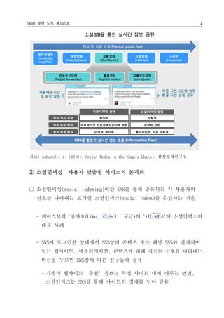 SERI 경영 노트 제115호                                                       7

                        소셜SCM을 통한 실시간 정보 공유




 자료: Ashcroft, J. (2010). Social Media in the Supply Chain.; 삼성경제연구소


③ 소셜인덱싱: 사용자 맞춤형 서비스의 본격화


□ 소셜인덱싱(social indexing)이란 SNS를 통해 공유되는 각 사용자의
   선호를 나타내는 표식인 소셜인덱스(social index)를 수집하는 기술


   - 페이스북의 '좋아요(Like,                )', 구글+의 '+1(       )'이 소셜인덱스의
      대표 사례


   - SNS에 로그인한 상태에서 SNS상의 콘텐츠 또는 해당 SNS와 연계되어
      있는 웹사이트, 애플리케이션, 콘텐츠에 대해 자신의 선호를 나타내는
      버튼을 누르면 SNS상의 다른 친구들과 공유

     ㆍ기존의 웹사이트 '추천' 정보는 특정 사이트 내에 머무는 반면,
       소셜인덱스는 SNS를 통해 사이트의 경계를 넘어 공유
 