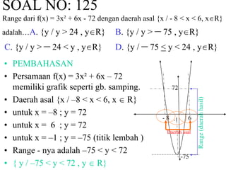 SOAL NO: 125 
Range dari f(x) = 3x² + 6x - 72 dengan daerah asal {x / - 8 < x < 6, xR} 
adalah…A. {y / y > 24 , yR} B. {y / y > – 75 , yR} 
C. {y / y > – 24 < y , yR} D. {y / – 75 < y < 24 , yR} 
• PEMBAHASAN 
• Persamaan f(x) = 3x² + 6x – 72 
memiliki grafik seperti gb. samping. 
• Daerah asal {x / –8 < x < 6, x  R} 
• untuk x = –8 ; y = 72 
• untuk x = 6 ; y = 72 
• untuk x = –1 ; y = –75 (titik lembah ) 
• Range - nya adalah –75 < y < 72 
• { y / –75 < y < 72 , y  R} 
- 8 -1 6 
-75 
72 
Daerah asal 
Range (daerah hasil) 
 