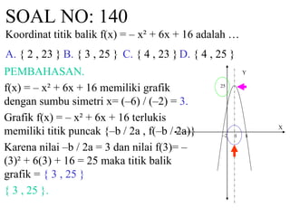 SOAL NO: 140 
Koordinat titik balik f(x) = – x² + 6x + 16 adalah … 
A. { 2 , 23 } B. { 3 , 25 } C. { 4 , 23 } D. { 4 , 25 } 
PEMBAHASAN. 
f(x) = – x² + 6x + 16 memiliki grafik 
dengan sumbu simetri x= (–6) / (–2) = 3. 
Grafik f(x) = – x² + 6x + 16 terlukis 
memiliki titik puncak {–b / 2a , f(–b / 2a)} 
Karena nilai –b / 2a = 3 dan nilai f(3)= – 
(3)² + 6(3) + 16 = 25 maka titik balik 
grafik = { 3 , 25 } 
{ 3 , 25 }. 
X 
Y 
25 
–2 3 8 
 
